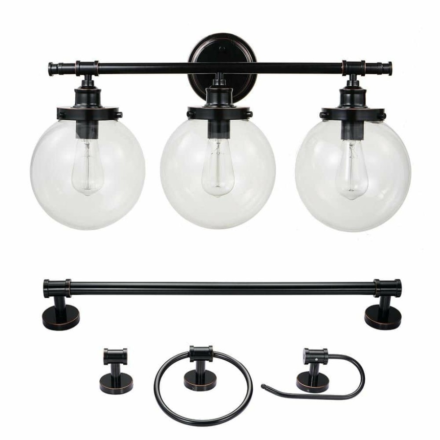 Vanity Lighting * | Milan 25.9 In. 3-Light Oil Rubbed Bronze Vanity Light With Clear Glass Shades And Bath Set (5-Piece), Bulbs Included By Globe Electric