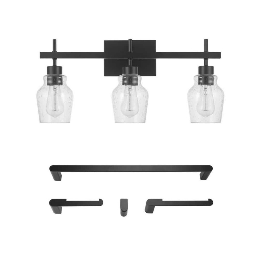 Vanity Lighting * | Bunbury 24 In. 3-Light Matte Black Vanity Light With Seeded Glass Shades, 4-Piece Bathroom Accessory Set Included By Globe Electric