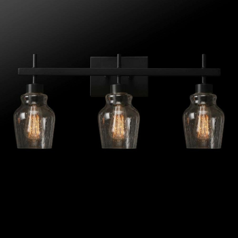 Vanity Lighting * | Bunbury 24 In. 3-Light Matte Black Vanity Light With Seeded Glass Shades, 4-Piece Bathroom Accessory Set Included By Globe Electric