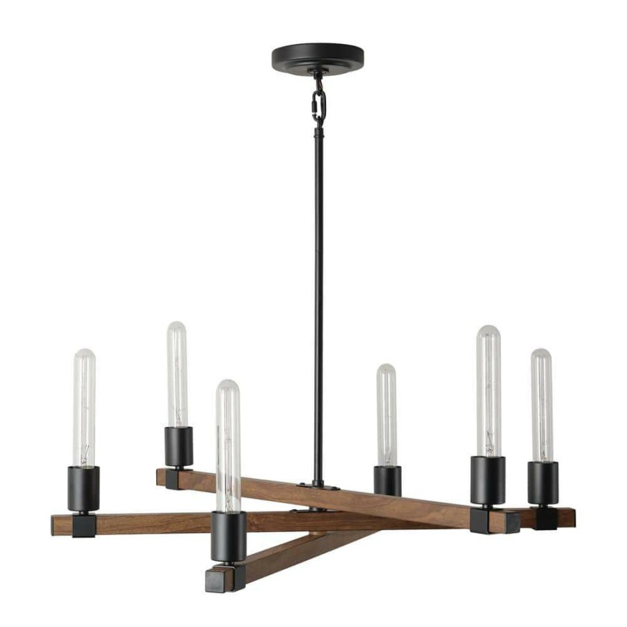 Chandeliers * | Walken 6-Light Matte Black Chandelier With Faux Wood Accents By Globe Electric