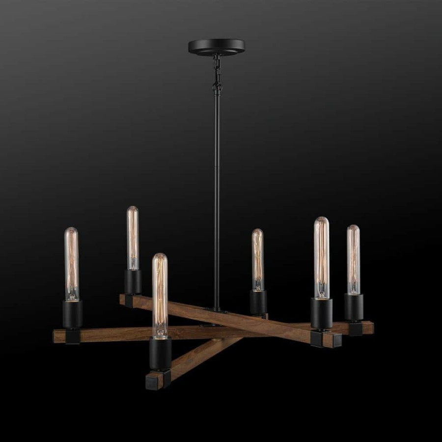 Chandeliers * | Walken 6-Light Matte Black Chandelier With Faux Wood Accents By Globe Electric