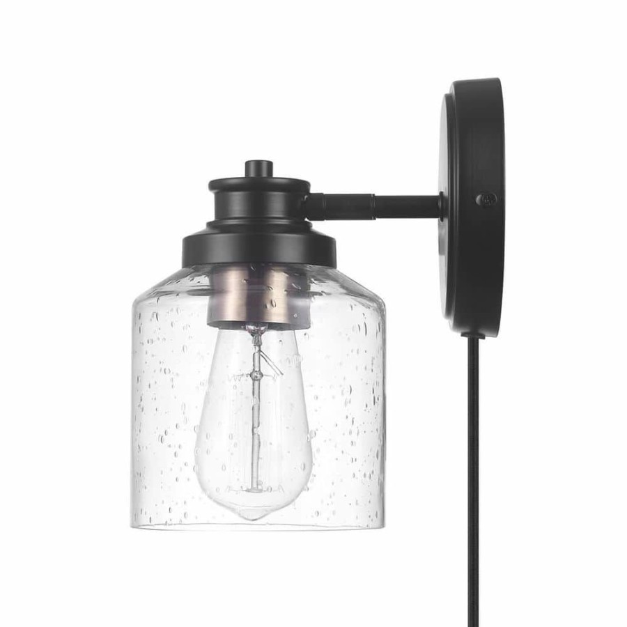 Wall Sconces * | 1-Light Matte Black Plug-In Or Hardwire Wall Sconce With Seeded Glass Shade, In-Line On/Off Rocker Switch, 6 Ft. Cord By Globe Electric