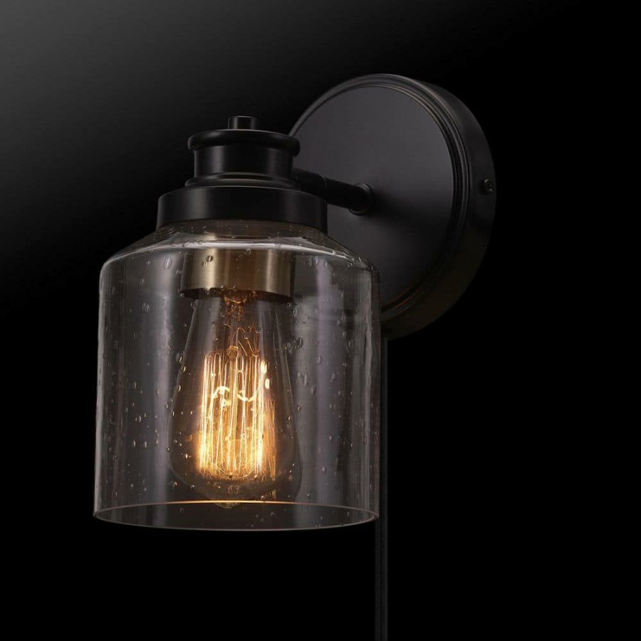 Wall Sconces * | 1-Light Matte Black Plug-In Or Hardwire Wall Sconce With Seeded Glass Shade, In-Line On/Off Rocker Switch, 6 Ft. Cord By Globe Electric