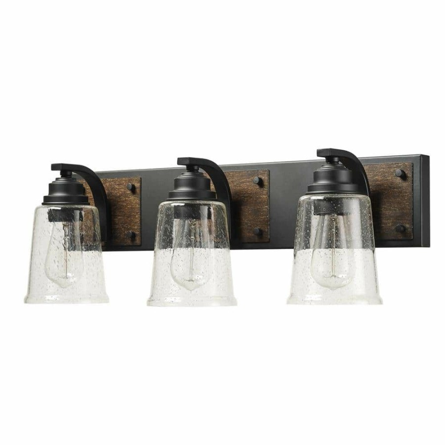 Vanity Lighting * | Warsaw 24 In. 3-Light Matte Black Vanity Light With Faux Wood Accents And Clear Seeded Glass Shades By Globe Electric