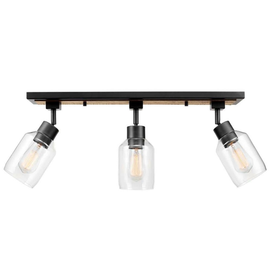 Track Lighting * | Griffith 25 In. 3-Light Faux Wood And Matte Black Track Lighting With Clear Glass Shades By Globe Electric