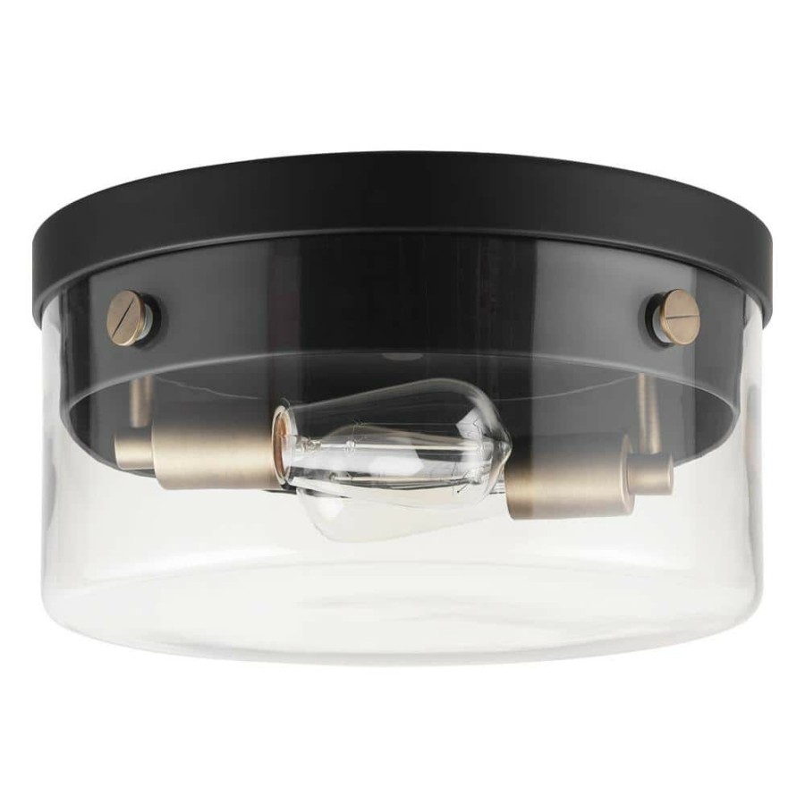 Flush Mount Lights * | Tayce 13 In. 2-Light Matte Black Flush Mount Ceiling Light With Clear Glass Shade By Globe Electric