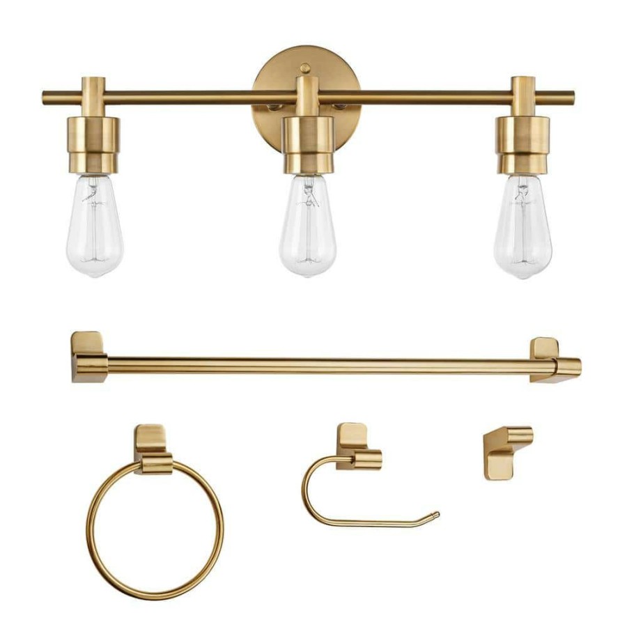 Vanity Lighting * | Alexandria 21.4 In. 3-Light Matte Brass Vanity Light With Bath Set (5-Piece) By Globe Electric