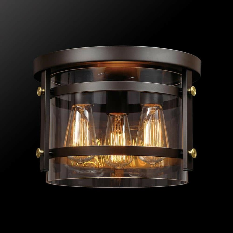 Flush Mount Lights * | Wexford 9.8 In. 3-Light Dark Bronze Flush Mount By Globe Electric