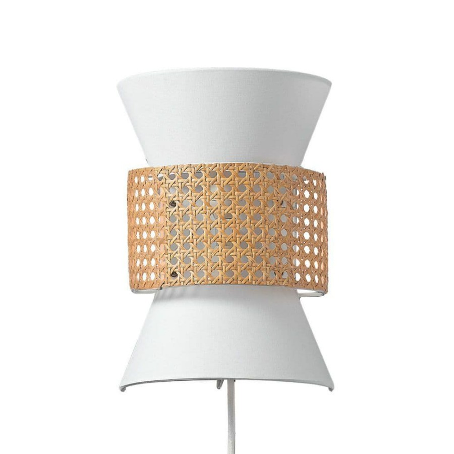 Wall Sconces * | 2-Light Matte White Plug-In Or Hardwire Wall Sconce With White Fabric Shade And Natural Rattan Accent By Globe Electric