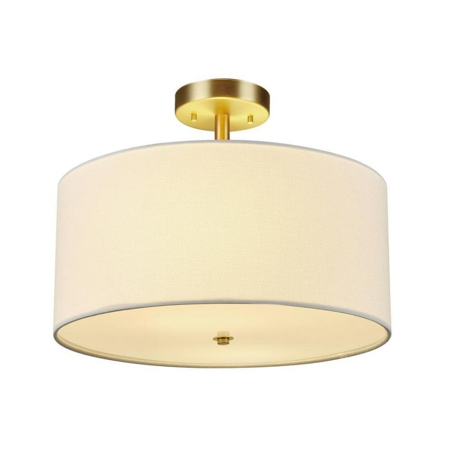 Flush Mount Lights * | Maria 15.7 In. 1-Light Matte Brass Flush Mount With White Fabric Shade By Globe Electric