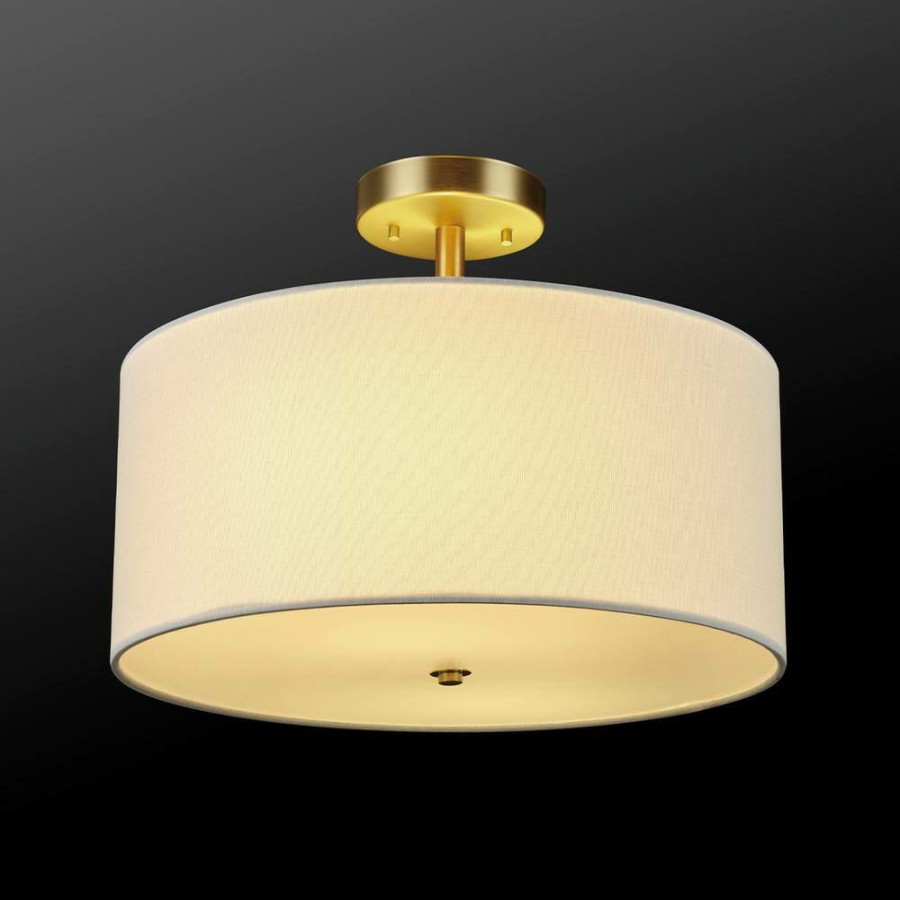 Flush Mount Lights * | Maria 15.7 In. 1-Light Matte Brass Flush Mount With White Fabric Shade By Globe Electric