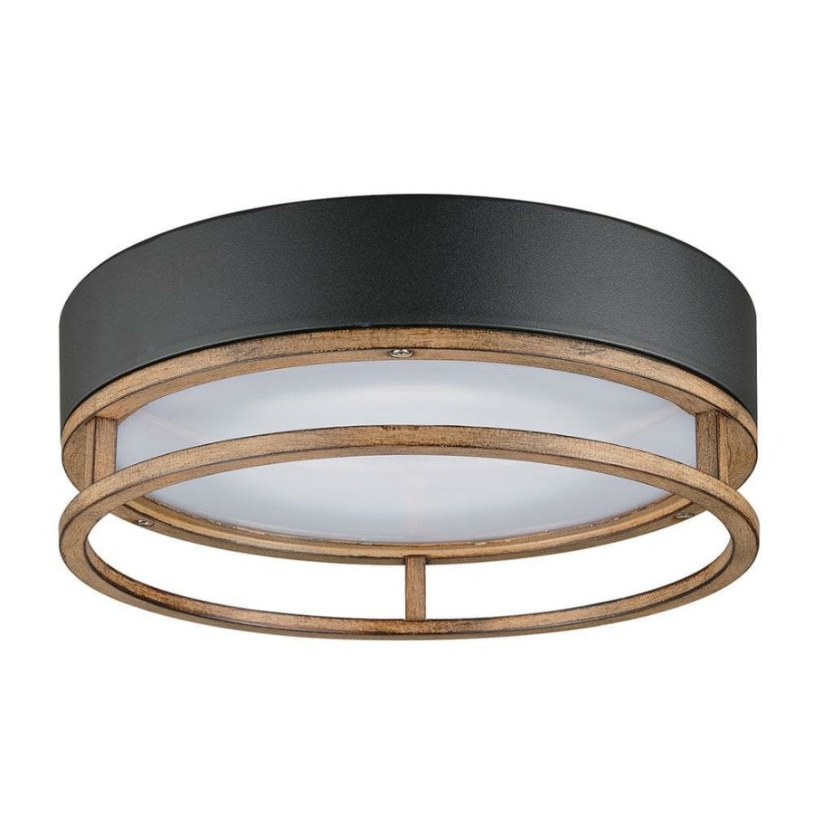 Outdoor Lighting * | Ray 1-Light Mate Black 18.5-Watt Led Integrated Outdoor Indoor Flush Mount Ceiling Light With Faux Wood Accent By Globe Electric