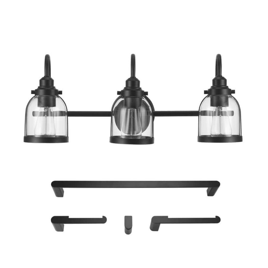 Vanity Lighting * | Devonport 24 In. 3-Light Matte Black Vanity Light With Clear Glass Shades, 4-Piece Bathroom Accessory Set Included By Globe Electric