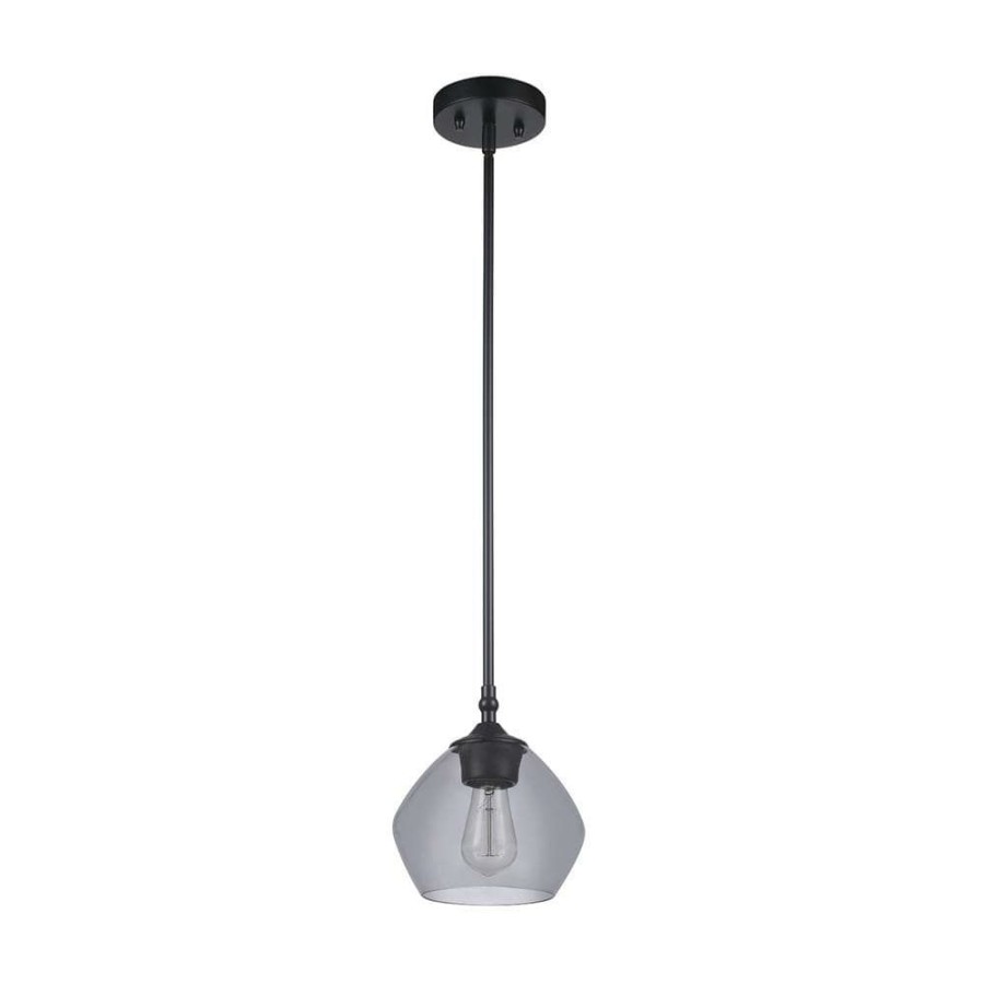 Chandeliers * | Harrow 1-Light Matte Black Shaded Pendant Light With Smoked Glass Shade By Globe Electric