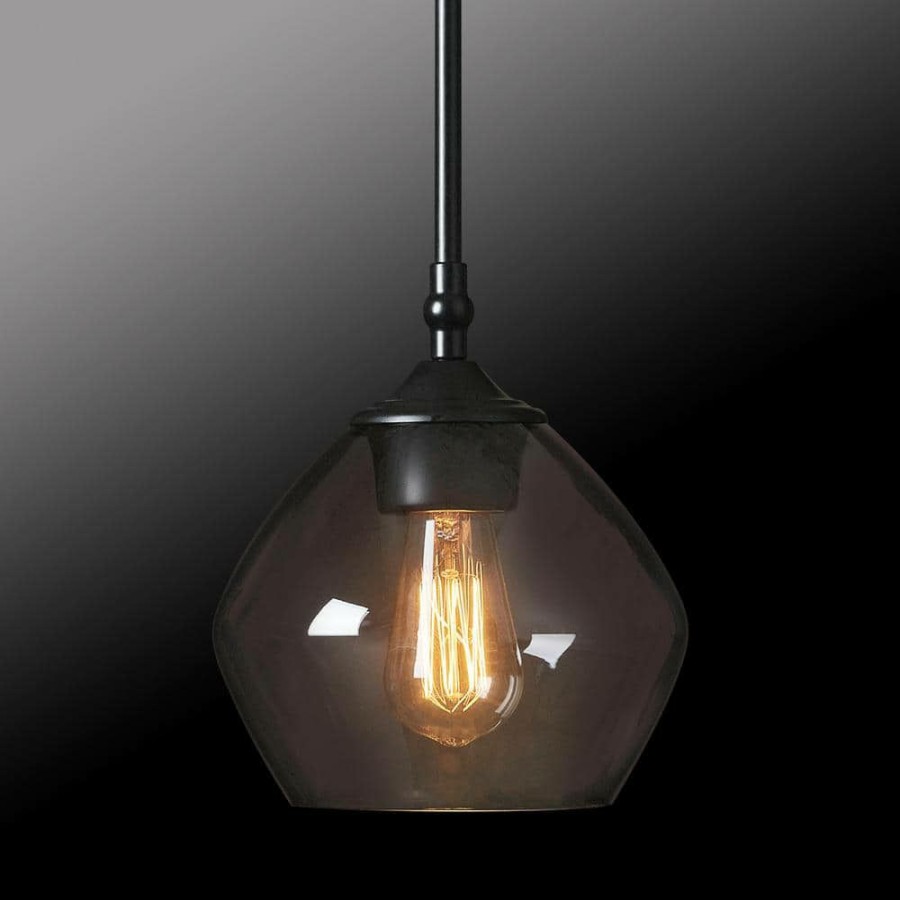 Chandeliers * | Harrow 1-Light Matte Black Shaded Pendant Light With Smoked Glass Shade By Globe Electric