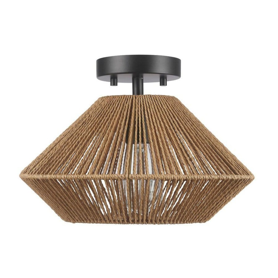 Flush Mount Lights * | 13 In. 1-Light Matte Black Semi-Flush Mount Ceiling Light With Natural Twine Shade, Ceiling Light Fixture, E26 Base By Globe Electric