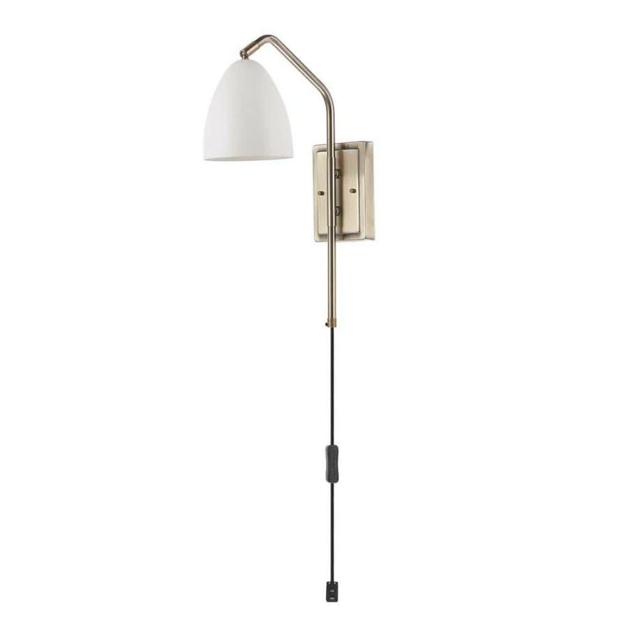 Wall Sconces * | Lira 1-Light Matte White And Antique Brass Plug-In Or Hardwire Wall Sconce Led Bulb Included By Globe Electric