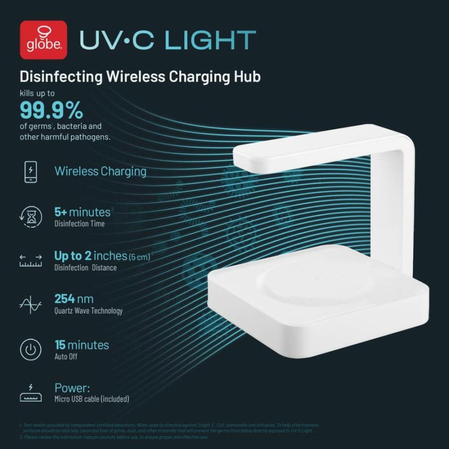 Lamps * | Uv-C Light 7 In. White Disinfecting Wireless Charging Hub Lamp With Micro Usb Cable Included By Globe Electric