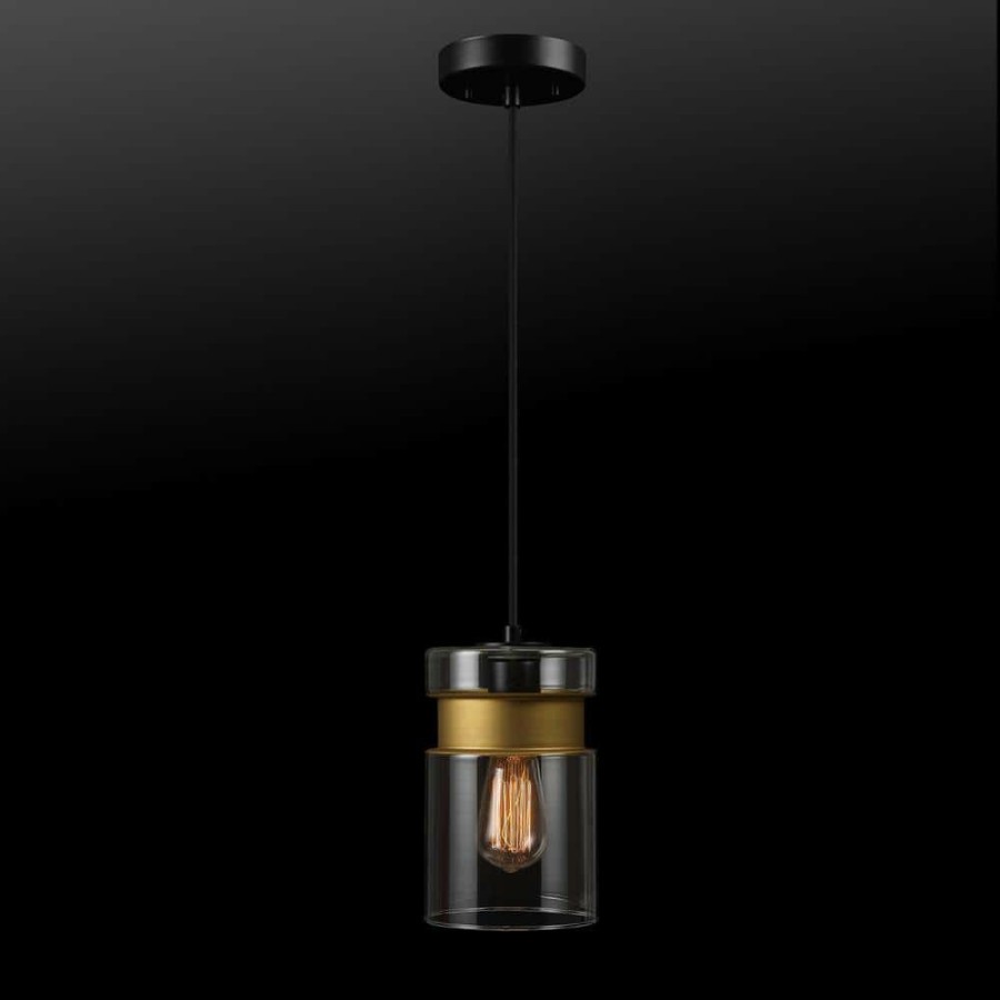 Chandeliers * | Dionne 1-Light Matte Black Pendant Light With Brass Accents And Clear Glass Shade By Globe Electric