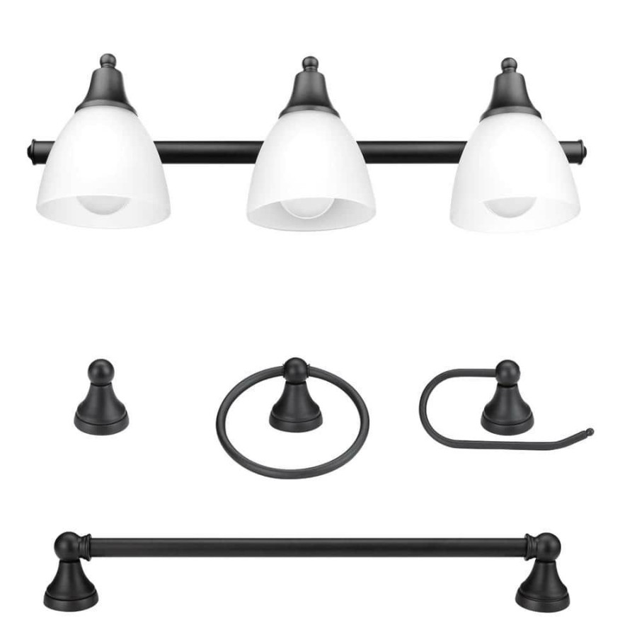 Vanity Lighting * | Jayden 3-Light Oil Rubbed Bronze Vanity Light With Frosted Glass Shades And 4-Piece Bath Set By Globe Electric