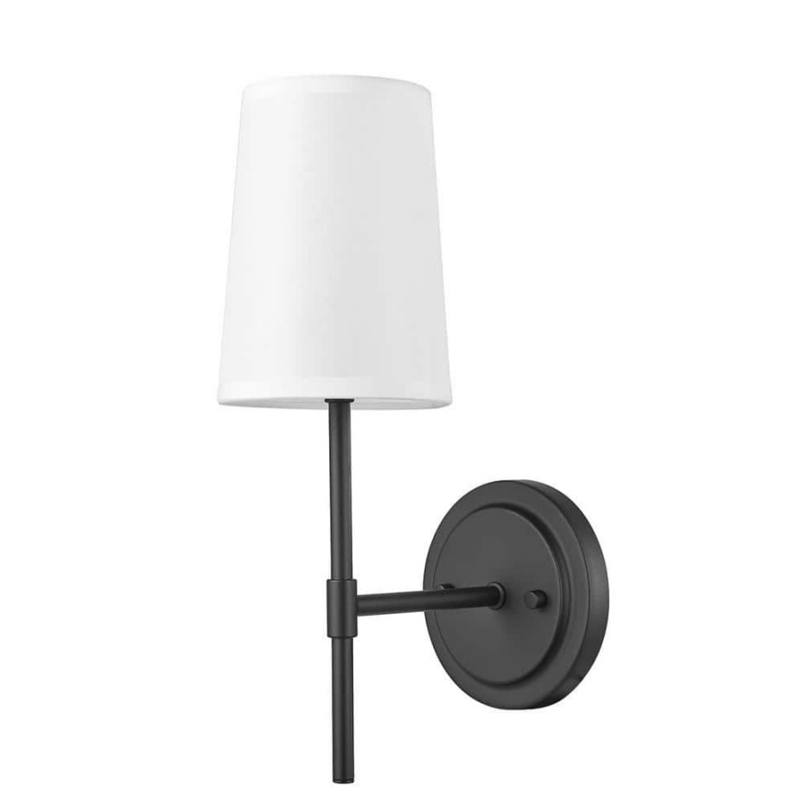 Wall Sconces * | Clarissa 1-Light Matte Black Wall Sconce With White Fabric Shade By Globe Electric