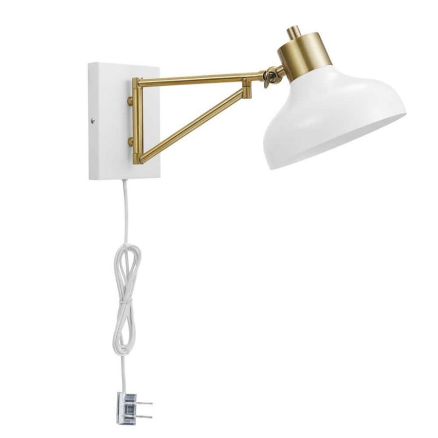 Wall Sconces * | Campbell 1-Light White And Brass Plug-In Or Hardwire Swing Arm Wall Sconce With 6 Ft. Cord By Globe Electric