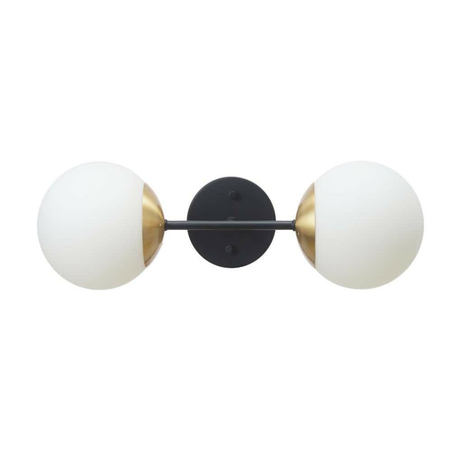 Wall Sconces * | Celestia 2-Light Matte Black Wall Sconce With Antique Brass Socket And Matte Opal Glass Shades By Globe Electric