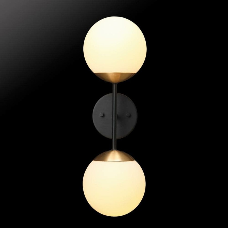 Wall Sconces * | Celestia 2-Light Matte Black Wall Sconce With Antique Brass Socket And Matte Opal Glass Shades By Globe Electric