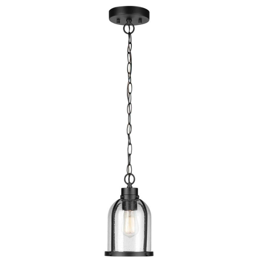 Outdoor Lighting * | 1-Light Matte Black Outdoor Indoor Pendant Light With Clear Seeded Glass Shade, Vintage Incandescent Bulb Included By Globe Electric