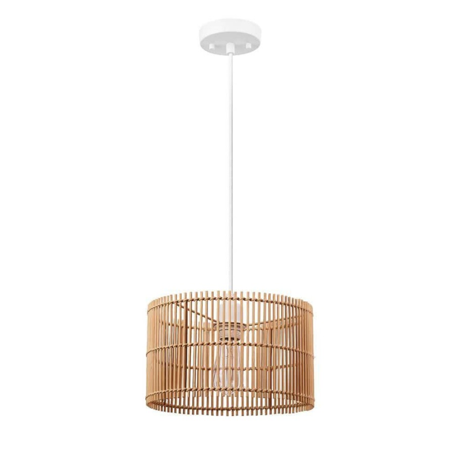 Chandeliers * | 1-Light White Shaded Pendant Lighting With Natural Bamboo Shade By Globe Electric