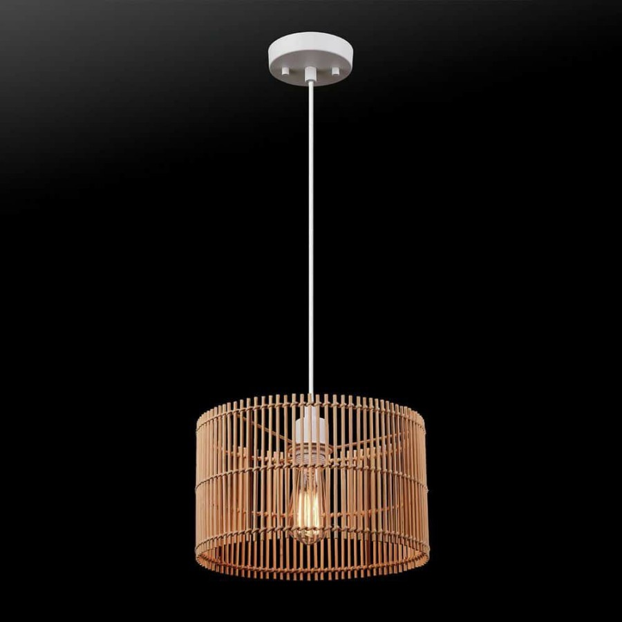 Chandeliers * | 1-Light White Shaded Pendant Lighting With Natural Bamboo Shade By Globe Electric