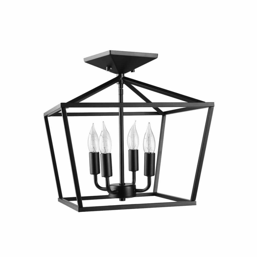 Flush Mount Lights * | Sheldon 14 In. 4-Light Matte Black Semi-Flush Mount, Light Bulbs Included By Globe Electric