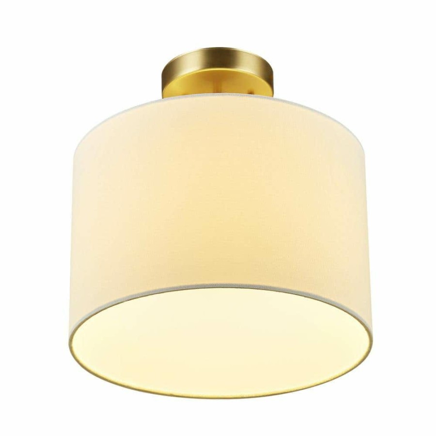 Flush Mount Lights * | Jonas 12 In. 1-Light Matte Brass Flush Mount With White Linen Shade By Globe Electric