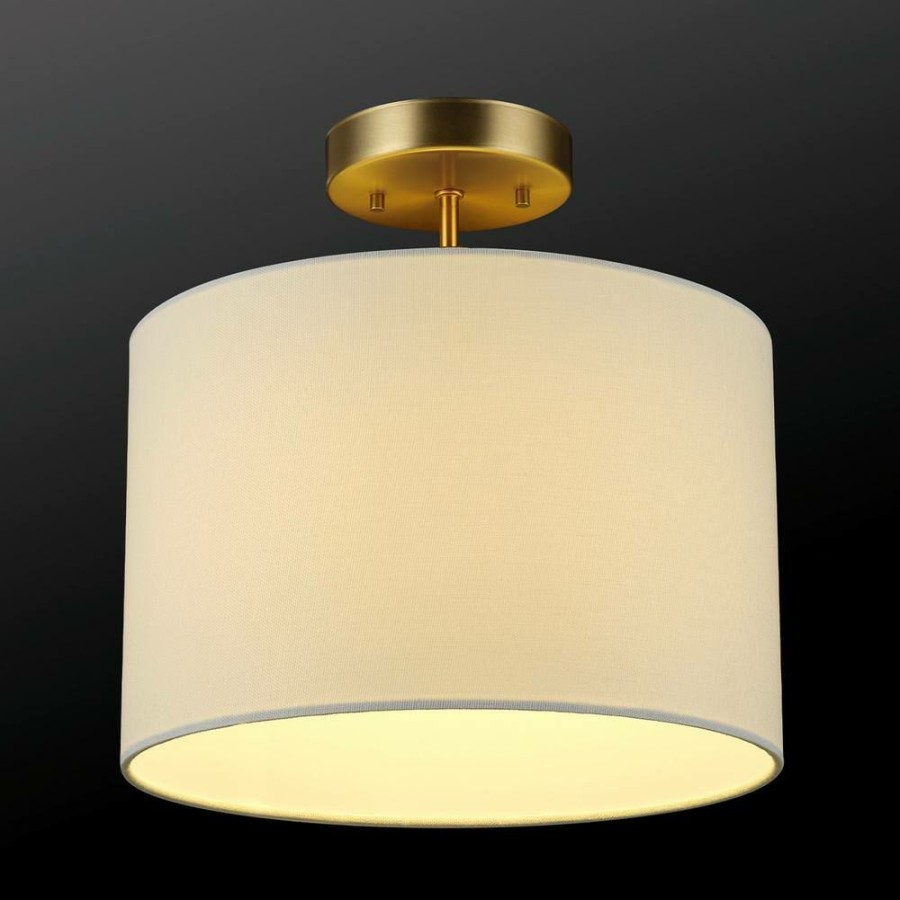 Flush Mount Lights * | Jonas 12 In. 1-Light Matte Brass Flush Mount With White Linen Shade By Globe Electric