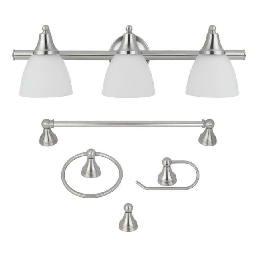 Vanity Lighting * | Estorial 3-Light Brushed Nickel Vanity Light With Frosted Glass Shades And Bath Set (5-Piece) By Globe Electric