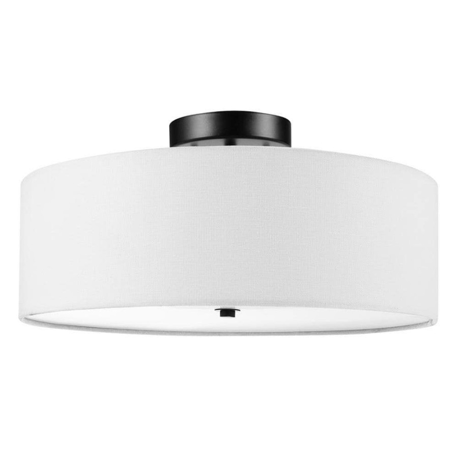 Flush Mount Lights * | Kyle 15.9 In. 2-Light Dark Bronze Flush Mount Ceiling Light With White Linen Shade By Globe Electric