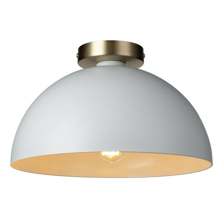 Flush Mount Lights * | Monica 14 In. 1-Light Matte White Semi-Flush Mount With Gold Accent, Incandescent Bulb Included By Globe Electric