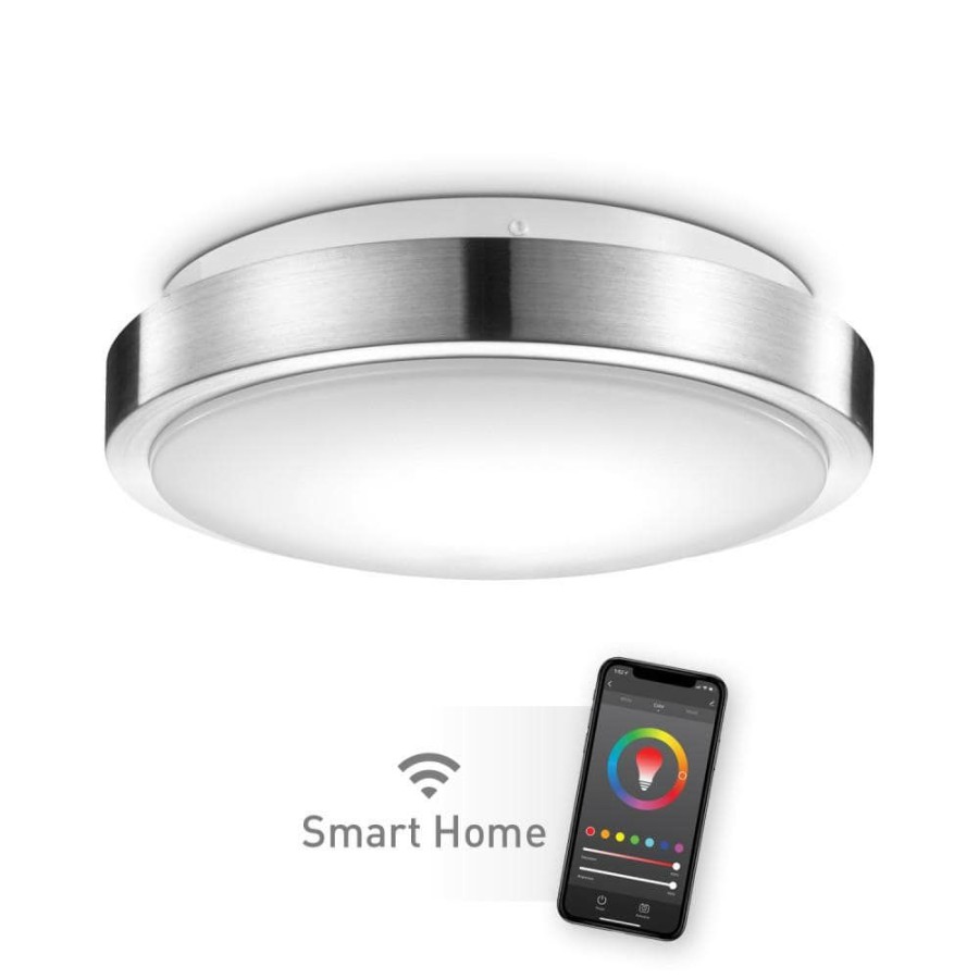 Flush Mount Lights * | Wi-Fi Smart 11 In, 1-Light Brushed Nickel Smart Led Integrated Flush Mount By Globe Electric