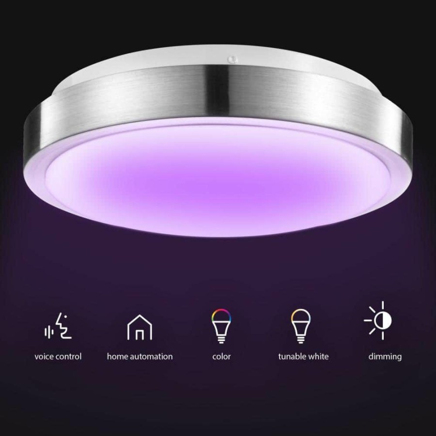 Flush Mount Lights * | Wi-Fi Smart 11 In, 1-Light Brushed Nickel Smart Led Integrated Flush Mount By Globe Electric