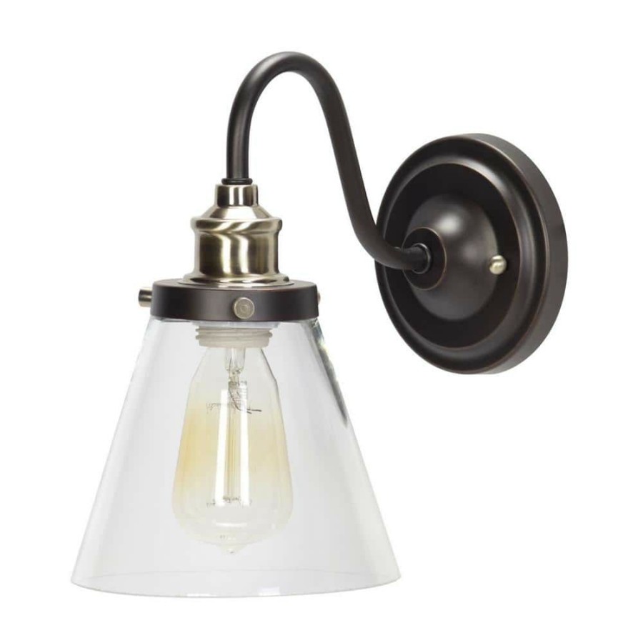 Wall Sconces * | Jackson 1-Light Oil Rubbed Bronze And Antique Brass Wall Sconce Light With Clear Glass Shade By Globe Electric