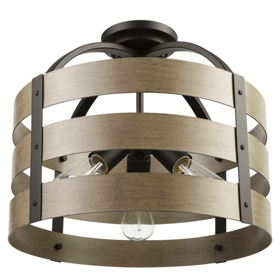 Flush Mount Lights * | Maddox 16 In. 3-Light Matte Black Flush Mount Ceiling Light With Faux Wood Shade By Globe Electric