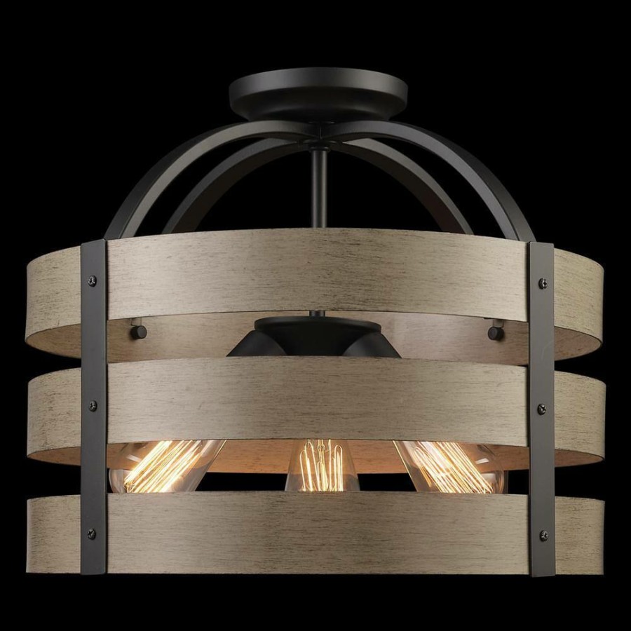 Flush Mount Lights * | Maddox 16 In. 3-Light Matte Black Flush Mount Ceiling Light With Faux Wood Shade By Globe Electric