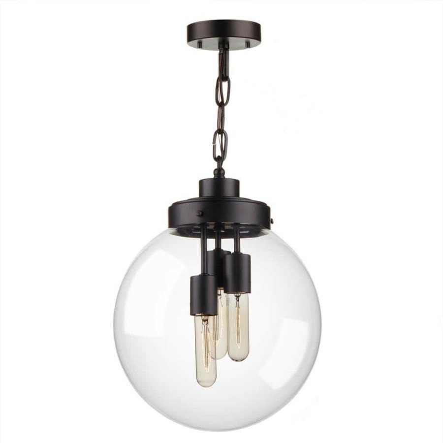 Outdoor Lighting * | 3-Light Matte Black Outdoor Indoor Pendant With Clear Glass Shade, Incandescent Bulbs Included By Globe Electric