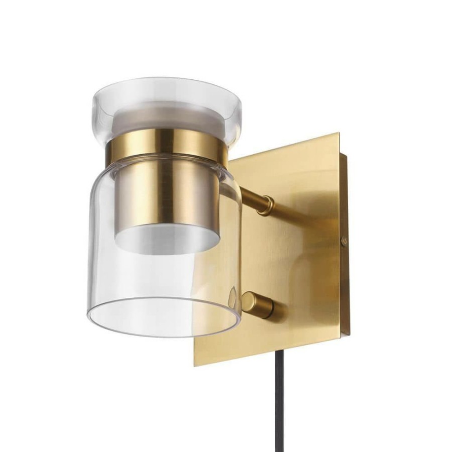 Wall Sconces * | 1-Light Matte Brass Led Integrated Plug-In Or Hardwire Wall Sconce With Clear Glass Outer Shade And Frosted Inner Shade By Globe Electric