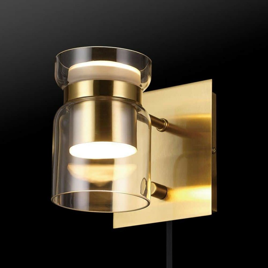 Wall Sconces * | 1-Light Matte Brass Led Integrated Plug-In Or Hardwire Wall Sconce With Clear Glass Outer Shade And Frosted Inner Shade By Globe Electric