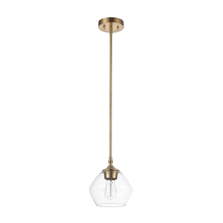 Pendant Lights * | Harrow 1-Light Matte Brass Shaded Pendant With Clear Glass Shade By Globe Electric