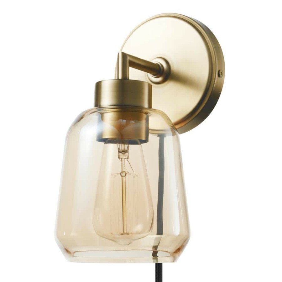 Wall Sconces * | Salma 1-Light Matte Brass Plug-In Or Hardwire Wall Sconce With Smoked Amber Glass Shade And In-Line On/Off Switch By Globe Electric