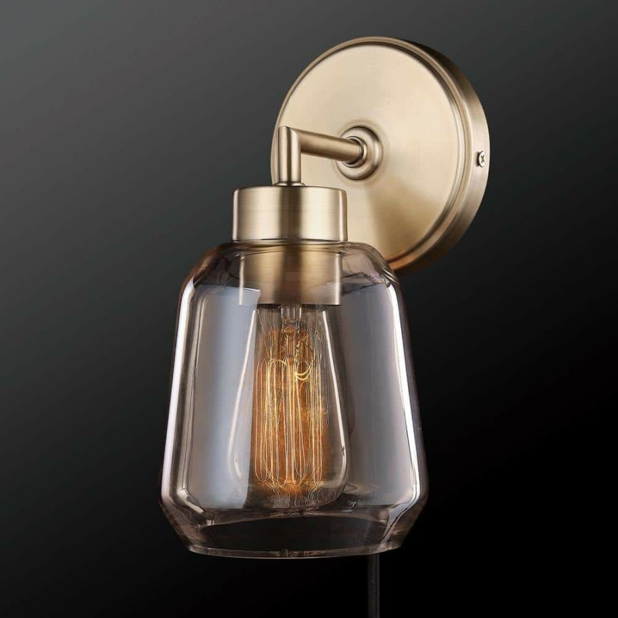 Wall Sconces * | Salma 1-Light Matte Brass Plug-In Or Hardwire Wall Sconce With Smoked Amber Glass Shade And In-Line On/Off Switch By Globe Electric