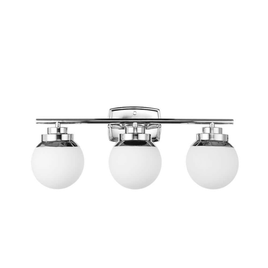 Vanity Lighting * | Pearson 3-Light Chrome Vanity Light With White Frosted Glass Shades By Globe Electric