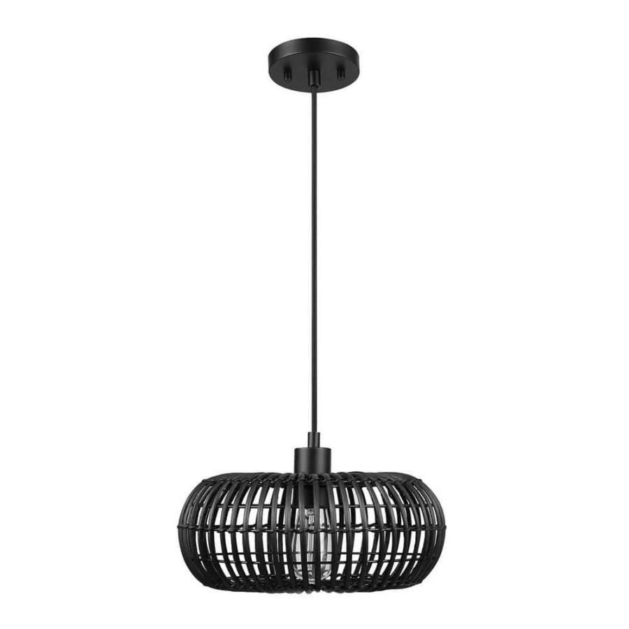 Pendant Lights * | Maren 1-Light Matte Black Shaded Pendant Light With Black Rattan Shade By Globe Electric